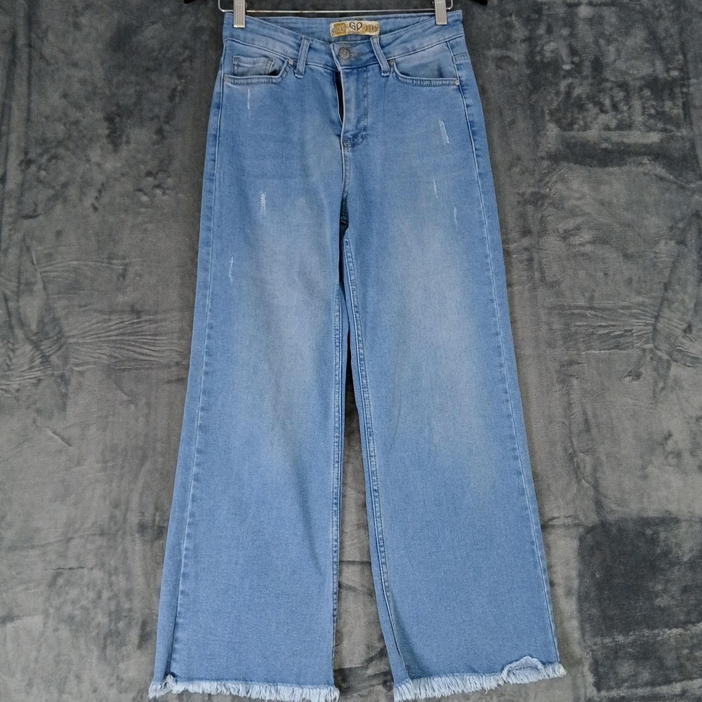 Goche D'oro Jeans Womens‎ 27 Light Blue Wide Leg Cropped Raw Hem Distressed 432